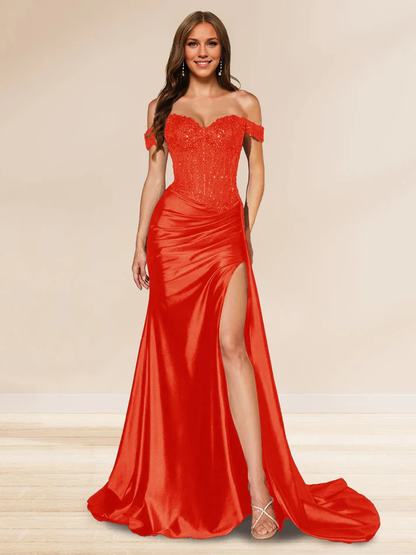 OKBBN mermaid off shoulder trailing sequin side slit evening gown