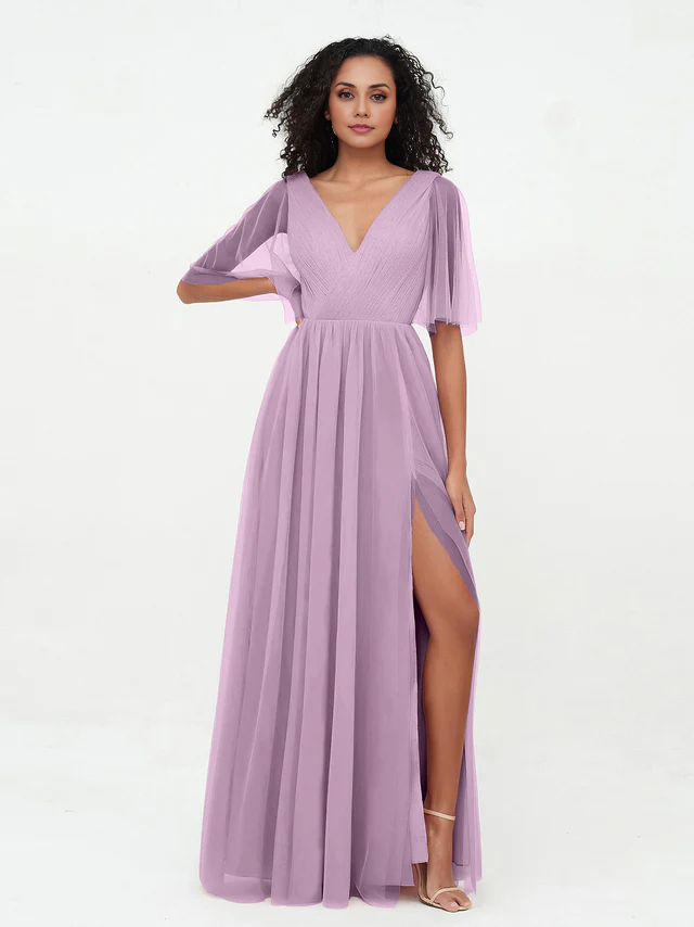 OKBBN A-line V-neck chiffon bridesmaid dress