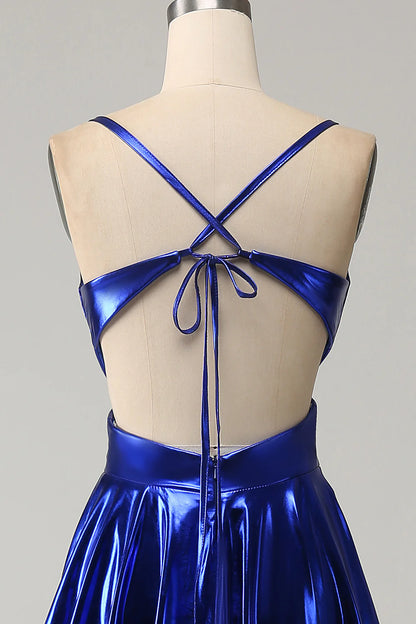OKBBN A-line thin shoulder strap backless pleated metal slit ball dress