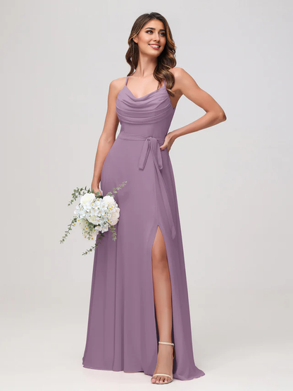 OKBBN sexy scarf collar pleated chiffon slit bridesmaid dress