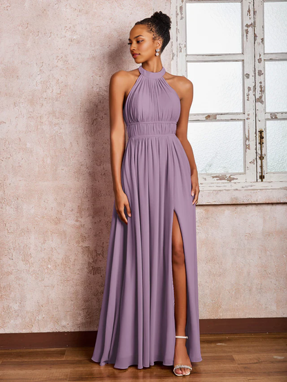 OKBBN pleated neck hanging chiffon split bridesmaid dress