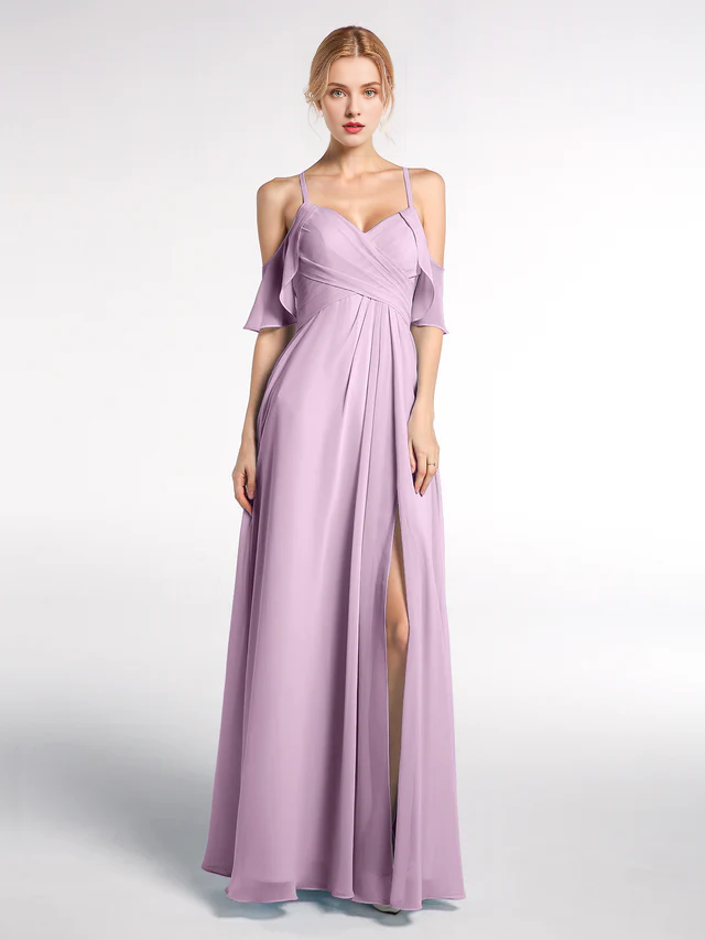 OKBBN slim shoulder strap high waisted ruffled hem slim fit bridesmaid dress