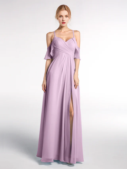 OKBBN slim shoulder strap high waisted ruffled hem slim fit bridesmaid dress