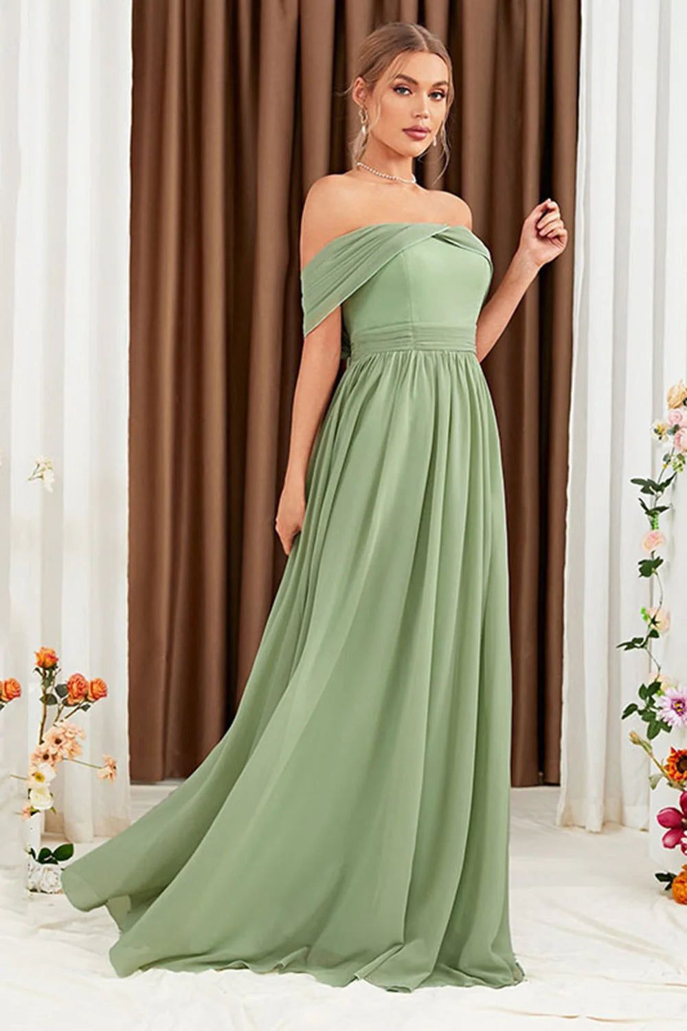 OKBBN A-line chiffon off shoulder backless evening gown