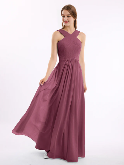 OKBBN Cross Shoulder Chiffon High Waist Bridesmaid Dress