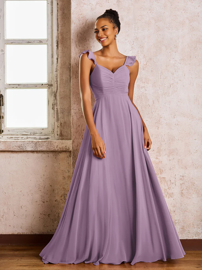 OKBBN pleated shoulder strap sleeveless A-line chiffon bridesmaid dress