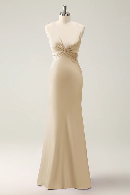 OKBBN Mermaid V-neck Satin Long Bridesmaid Dress
