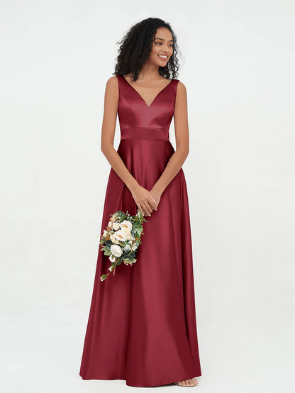 OKBBN Princess V-neck satin pocket bridesmaid dress