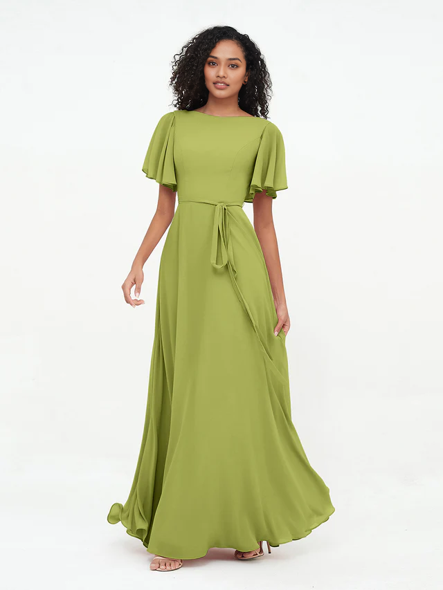 OKBBN elegant flowing sleeve chiffon bridesmaid dress