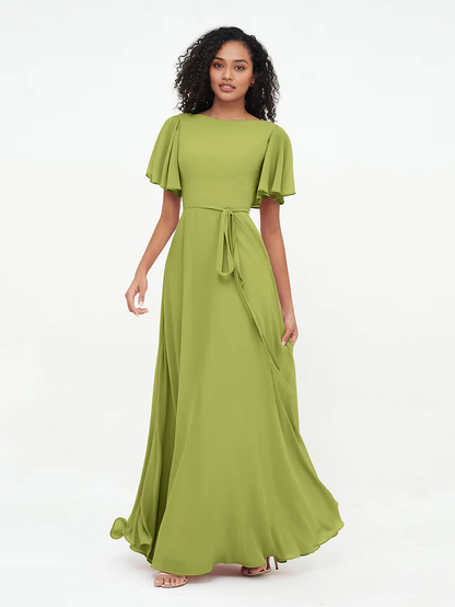 OKBBN elegant flowing sleeve chiffon bridesmaid dress