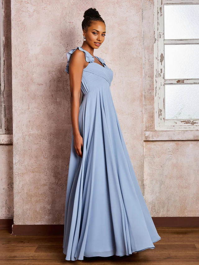 OKBBN ruffled shoulder strap long chiffon bridesmaid dress