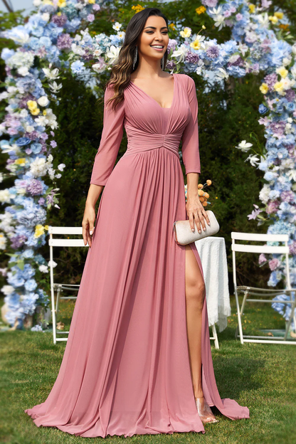 OKBBN A-line V-neck long sleeved chiffon ballroom gown