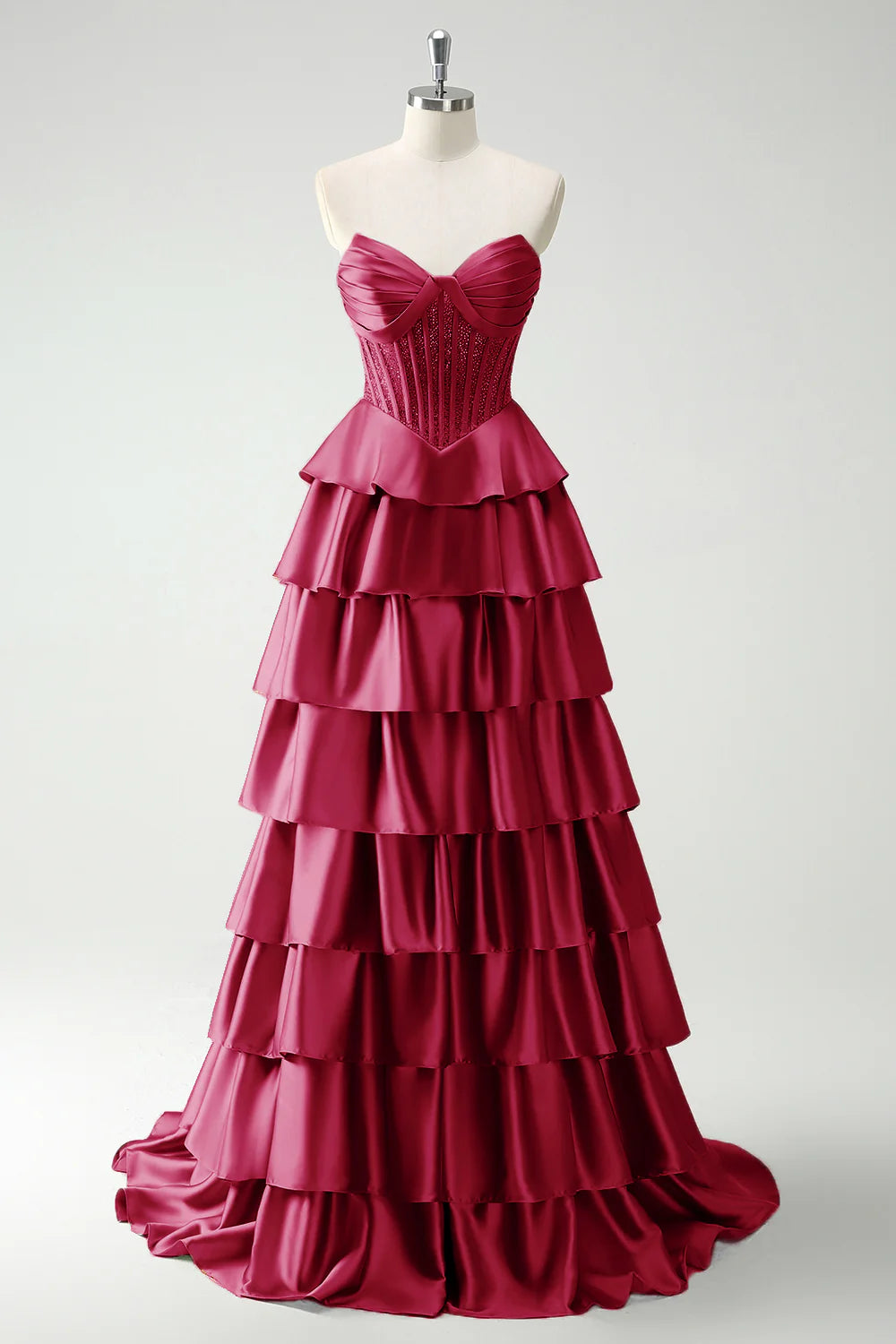 OKBBN satin layered corset long slit evening gown