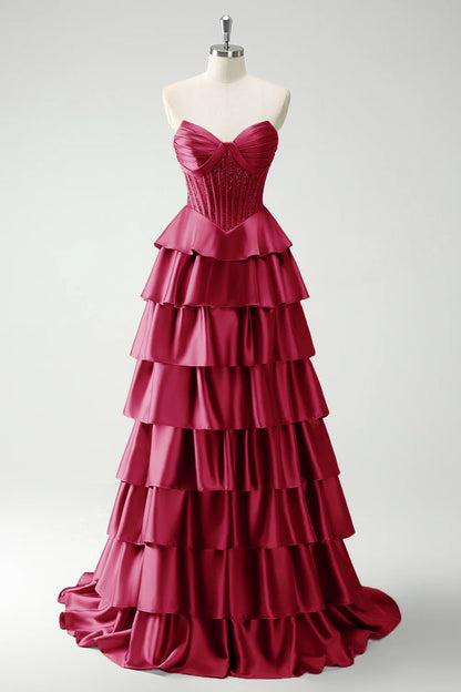 OKBBN satin layered corset long slit evening gown