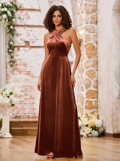 OKBBN Velvet Sleeveless Long Bridesmaid Dress