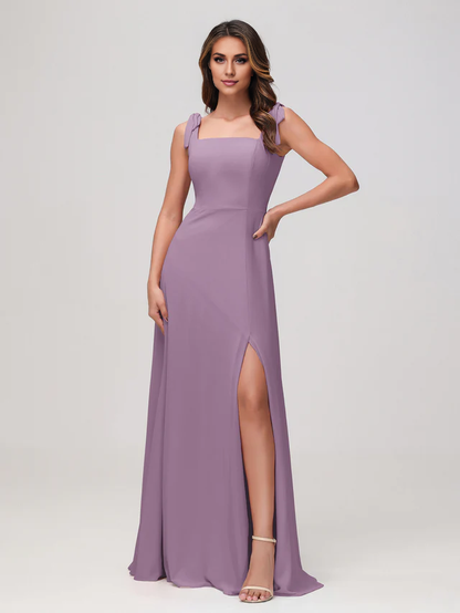 OKBBN square neckline sleeveless and floor chiffon bridesmaid dress