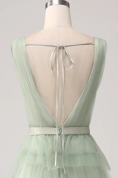 OKBBN pleated layered slit backless ball gown