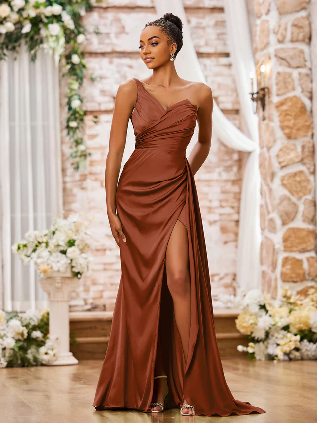OKBBN one shoulder sweetheart high slit sexy bridesmaid dress