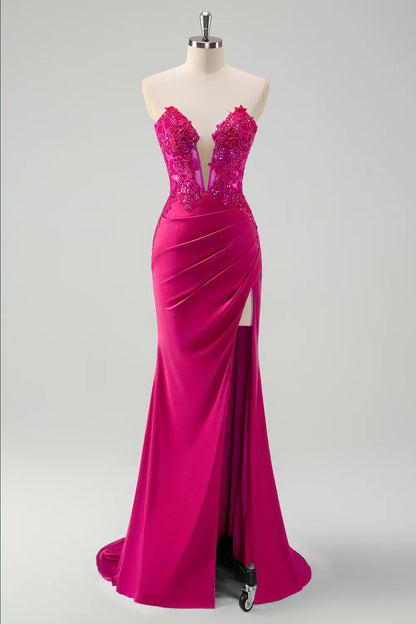 OKBBN mermaid tight corset pleated long slit dance dress