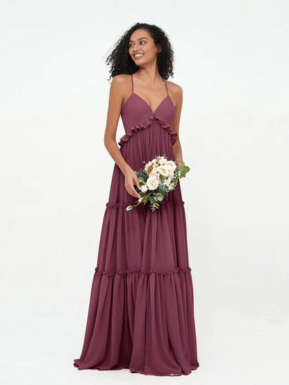 OKBBN chiffon thin shoulder strap layered sleeveless bridesmaid dress