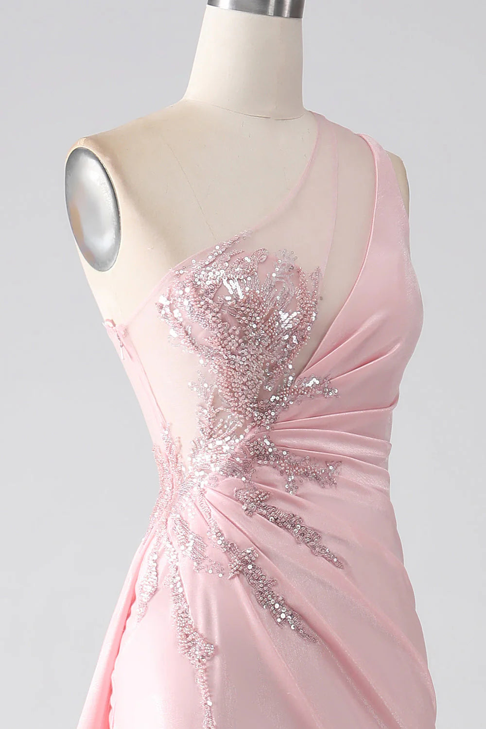OKBBN Mermaid One Shoulder sequin applique pleated slit long dance dress