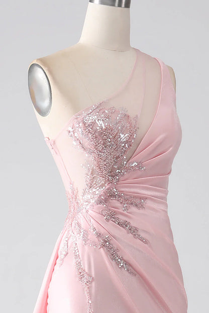 OKBBN Mermaid One Shoulder sequin applique pleated slit long dance dress