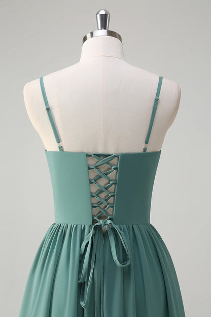 OKBBN A-line layered thin shoulder strap tight corset with slit ball dress