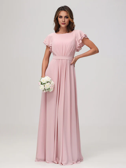 OKBBN boat shaped collar with floating sleeves and floor bridesmaid dress