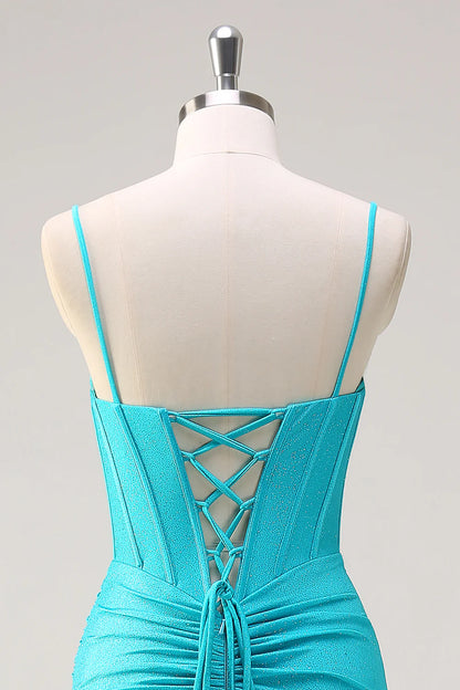 OKBBN mermaid slim shoulder strap pleated tight corset slit ball dress