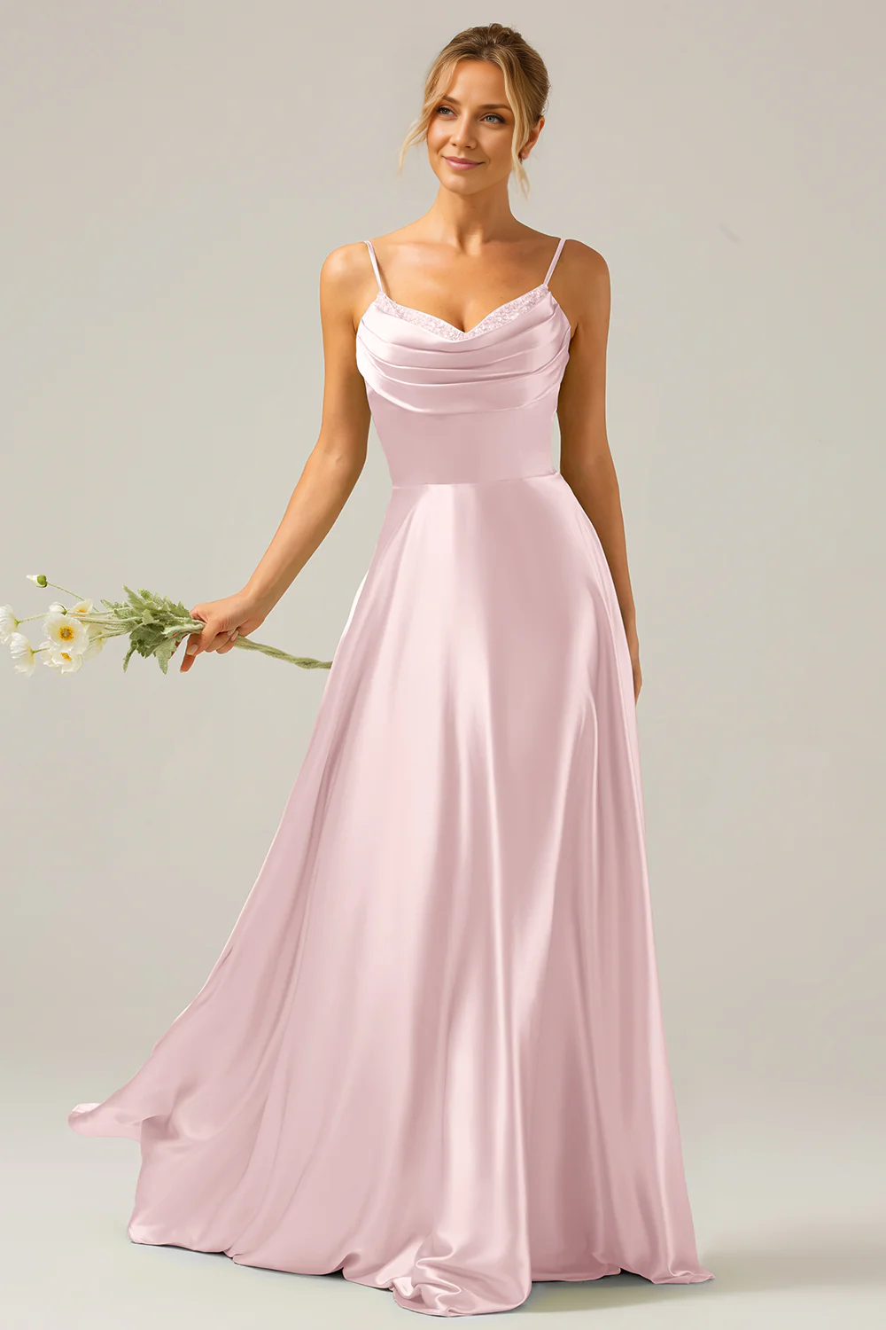 OKBBN A-line scarf collar satin long bridesmaid dress
