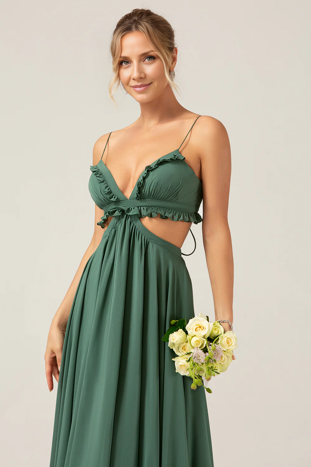 OKBBN sexy slim shoulder strap hollowed out long pleated bridesmaid dress