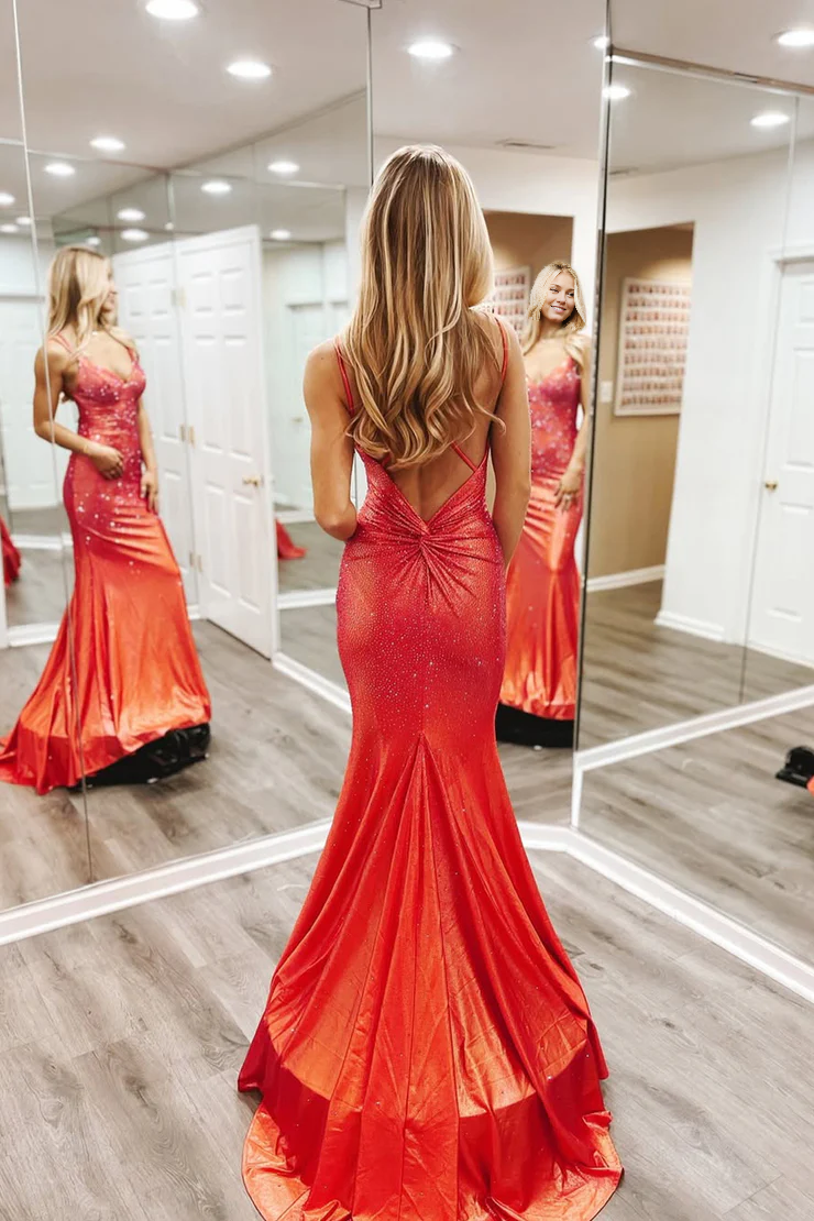 OKBBN Sparkling Mermaid V-neck Long Ball Dress