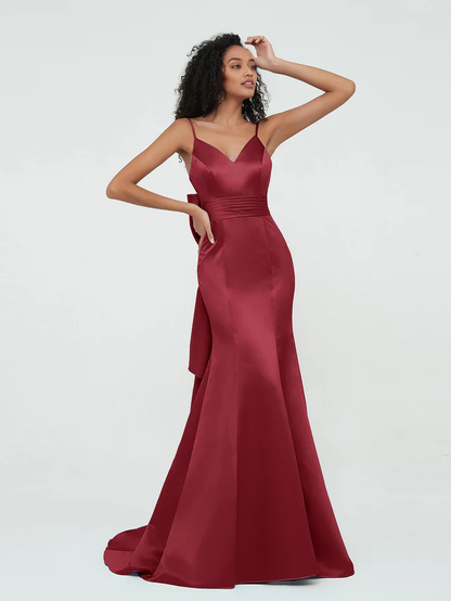 OKBBN thin shoulder strap satin mermaid bridesmaid dress