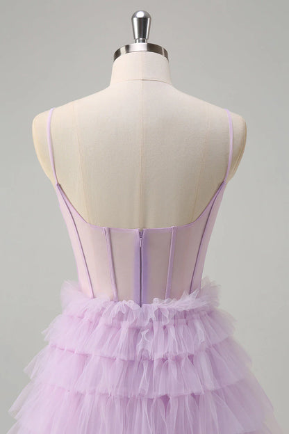 OKBBN A-line thin shoulder strap transparent tight corset layered long layered ballroom dress