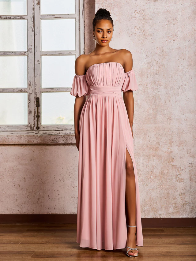 OKBBN square chiffon slit bridesmaid dress with floating sleeves
