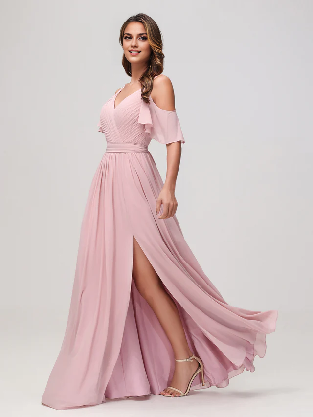 OKBBN off shoulder A-line pleated chiffon shorts bridesmaid dress