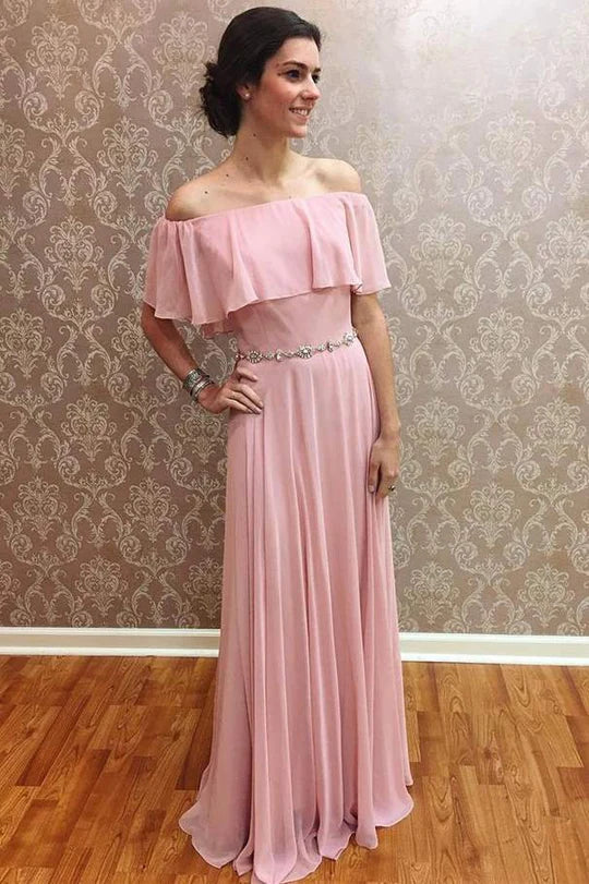 Chiffon Off-the-Shoulder Ruffled Bridesmaid Dress