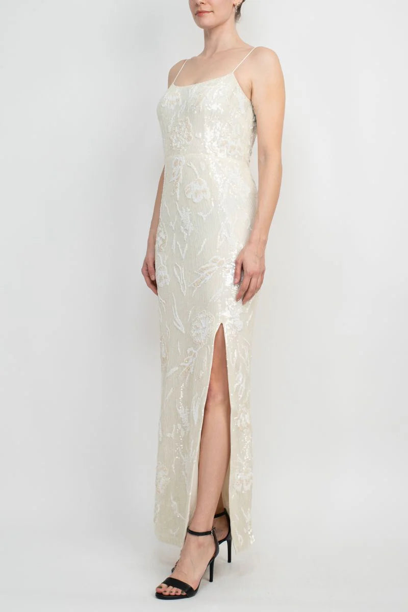 Embellished Spaghetti Strap Open Back Slit Side Prom Dresses
