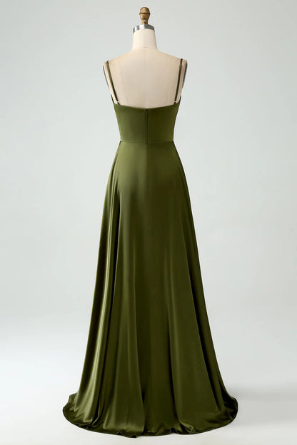 A-Line Spaghetti Straps Long Olive Bridesmaid Dress