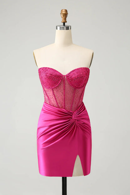 Hot Pink Strapless Pleated Corset Tight Homecoming Dress