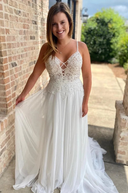 Lace Straps Backless Long Wedding Dress