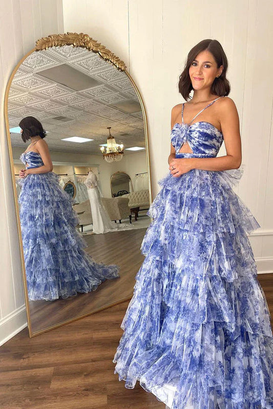 A-line cut shoulder strap flower printed sheer layered ball dress