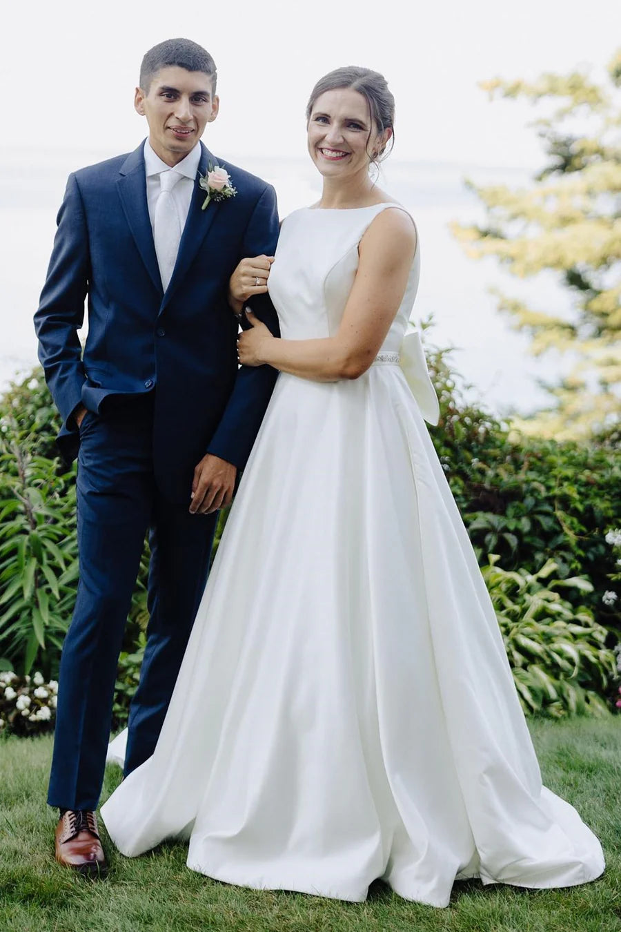 Satin Bateau Beaded Wedding Dress with Bow