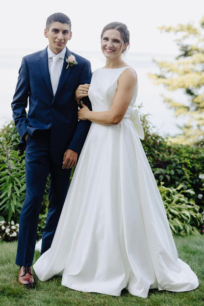 Satin Bateau Beaded Wedding Dress with Bow