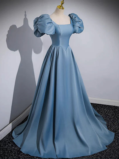 A-Line Satin Blue Long Evening Dress Blue Satin Long Evening Dress
