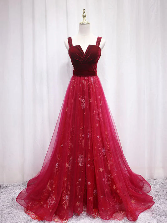 A-Line Burgundy Tulle Lace Long Evening Dress Burgundy Long Evening Dress
