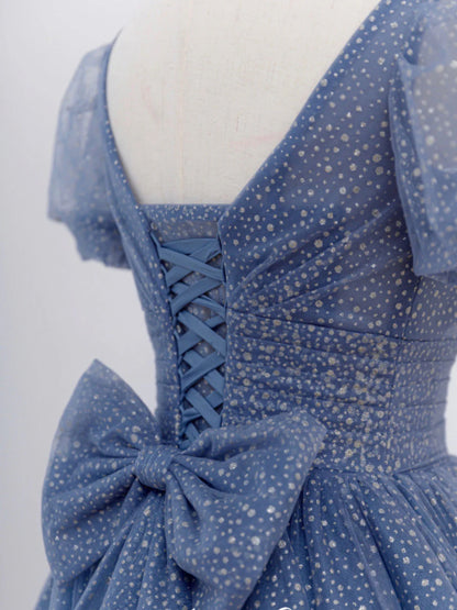 Gray Blue A-Line Tulle Long Evening Dresses Blue Tulle Formal Dresses