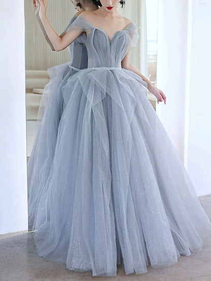 Gray tulle off shoulder long prom dress gray tulle prom dress