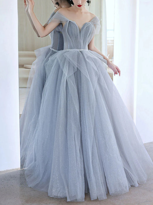 Gray tulle off shoulder long prom dress gray tulle prom dress