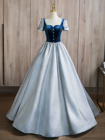 A-line Puff sleeves Blue Long Prom Dress Blue Long Formal Dress